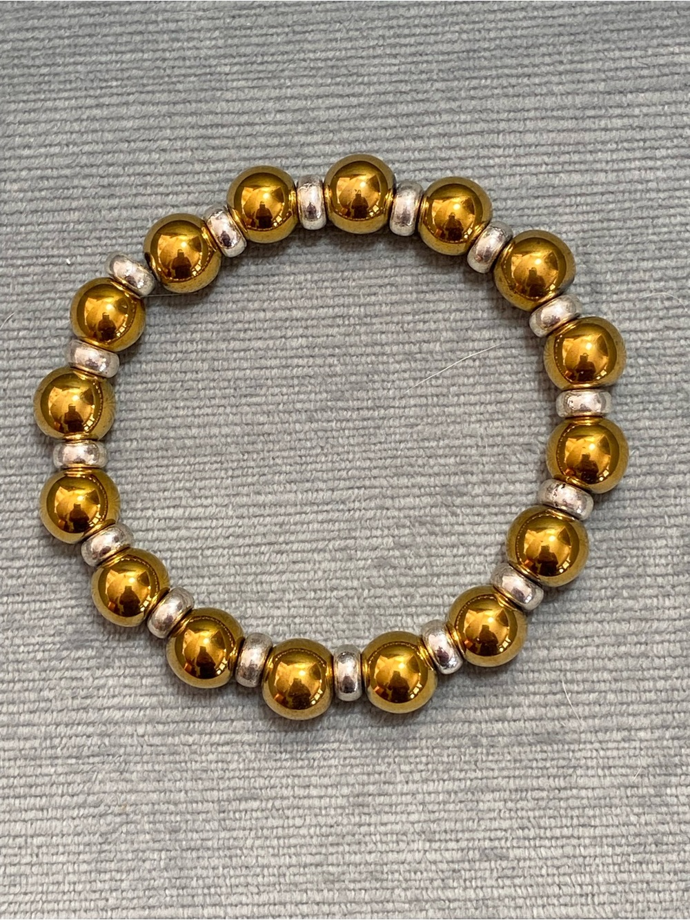 Gold Plated Hematite Stretch Bracelet with Rhodium Spacer Beads 6.5+stretch